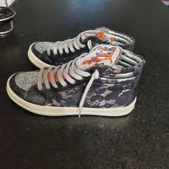 P448 Silver Leather and Black Lace Metallic Fashion High Tops - Picture 12 of 14